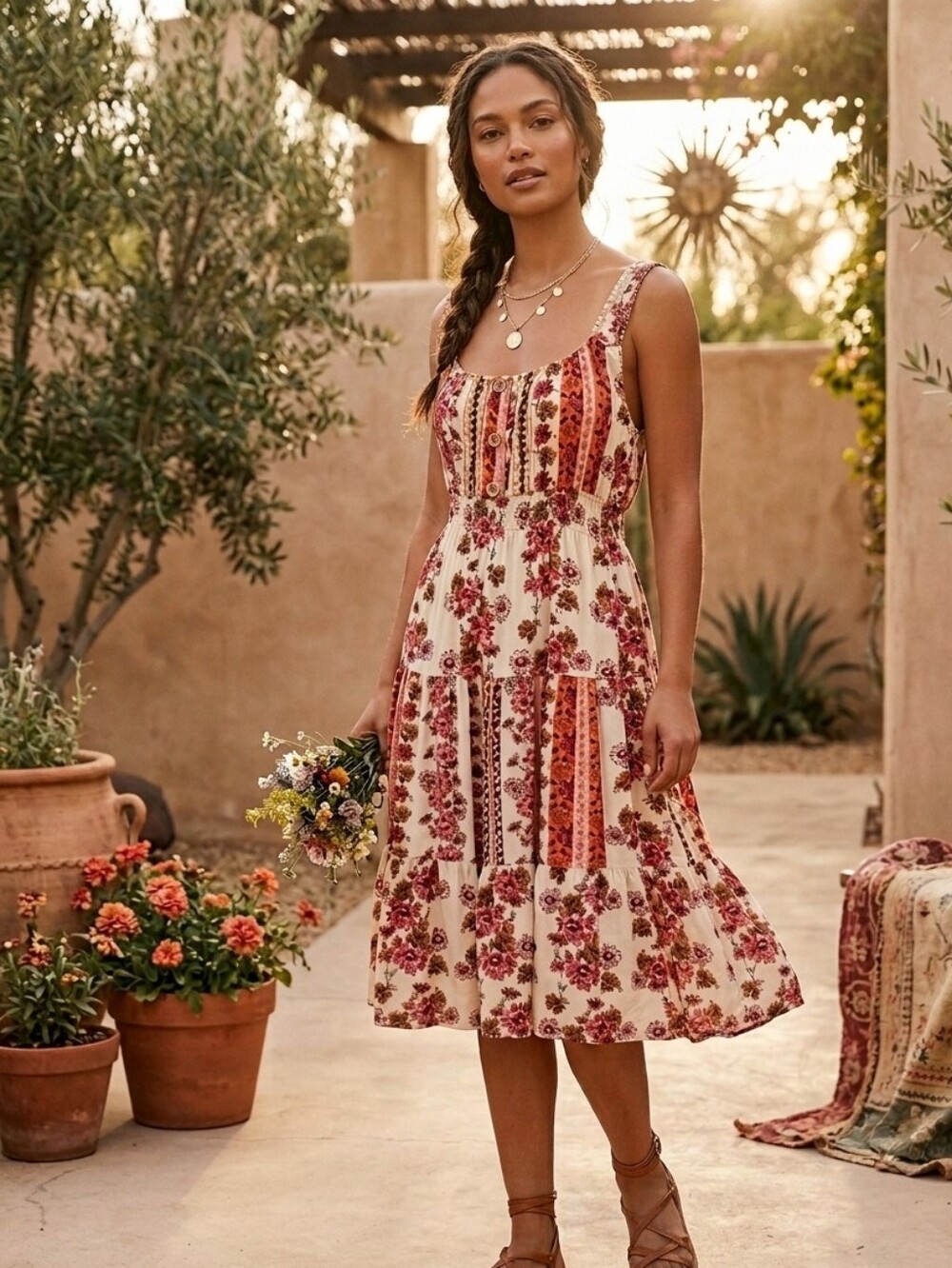 Lapis Boho Floral Patchwork Tiered Smocked Midi Sundress Size Medium Cottagecore